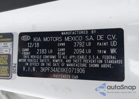 2019 Kia Forte S z USA, uszkodzony, nr VIN 3KPF34ADXKE071906